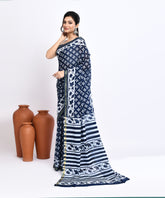 Indigo Pure Dabu Floral Handblock Printed  Sico Chanderi Saree